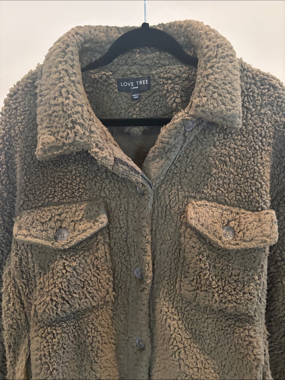Love Tree Olive Green Sherpa Button-Front Jacket